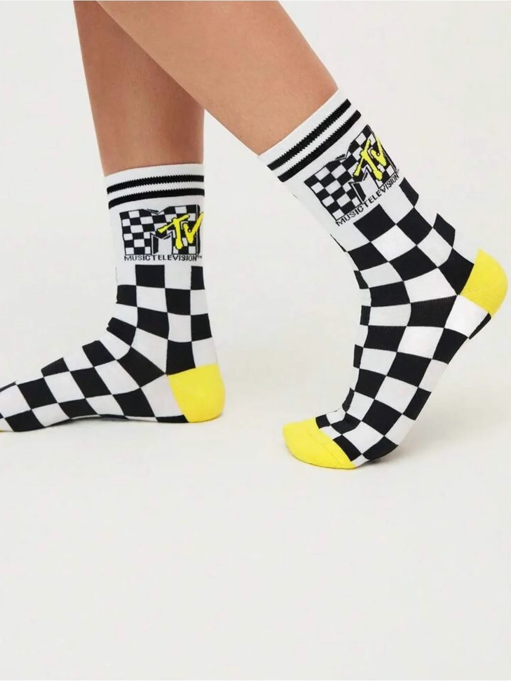 MTV Black, White & Yellow Checkerboard Crew Socks
